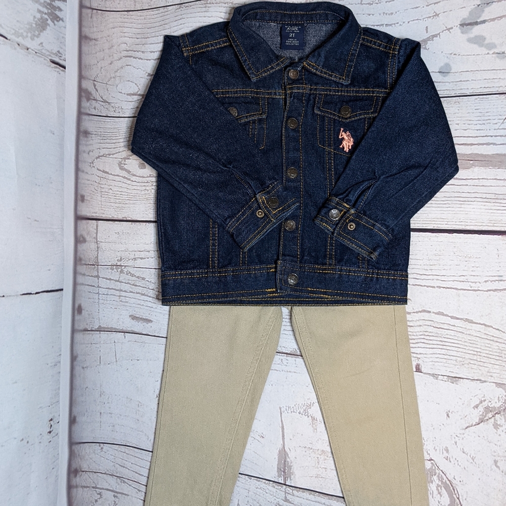 U.S. POLO ASSN BUNDLE DARK WASH DENIM JACKET TAN PANTS -2T